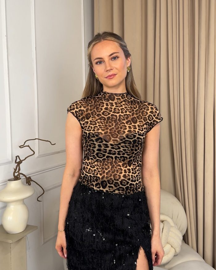 Sheer mesh leopard print top