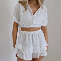 Cropped Cheesecloth Top and Frill Shorts Coord - White - Image 3