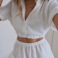 Cropped Cheesecloth Top and Frill Shorts Coord - White - Image 4