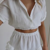 Cropped Cheesecloth Top and Frill Shorts Coord - White - Image 6