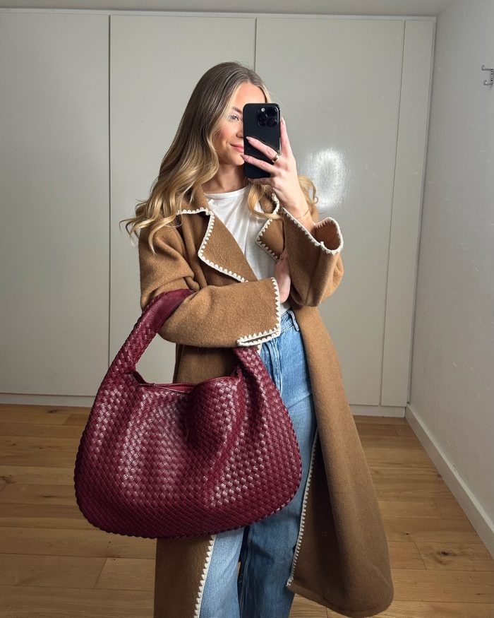 Camel Coat & Burgundy Bag