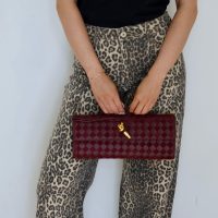 Leopard Print Denim Jeans / Burgundy Long Bag