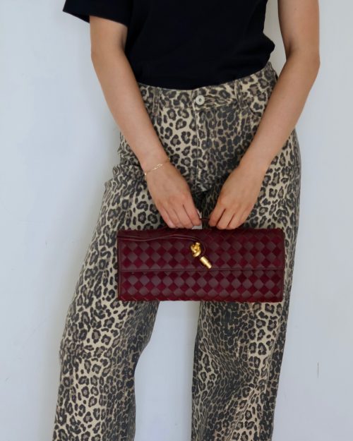 Leopard Print Denim Jeans / Burgundy Long Bag