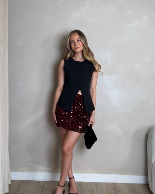 Burgundy Mini Skirt & Black waistcoat