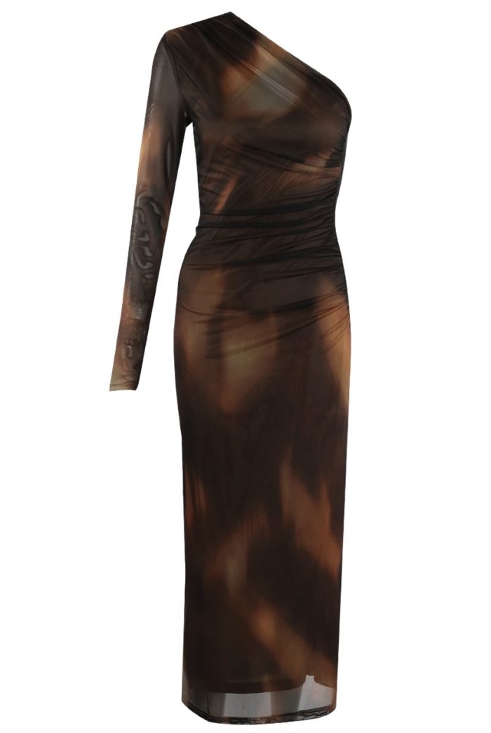 Brown Tie Dye One Shoulder Dress