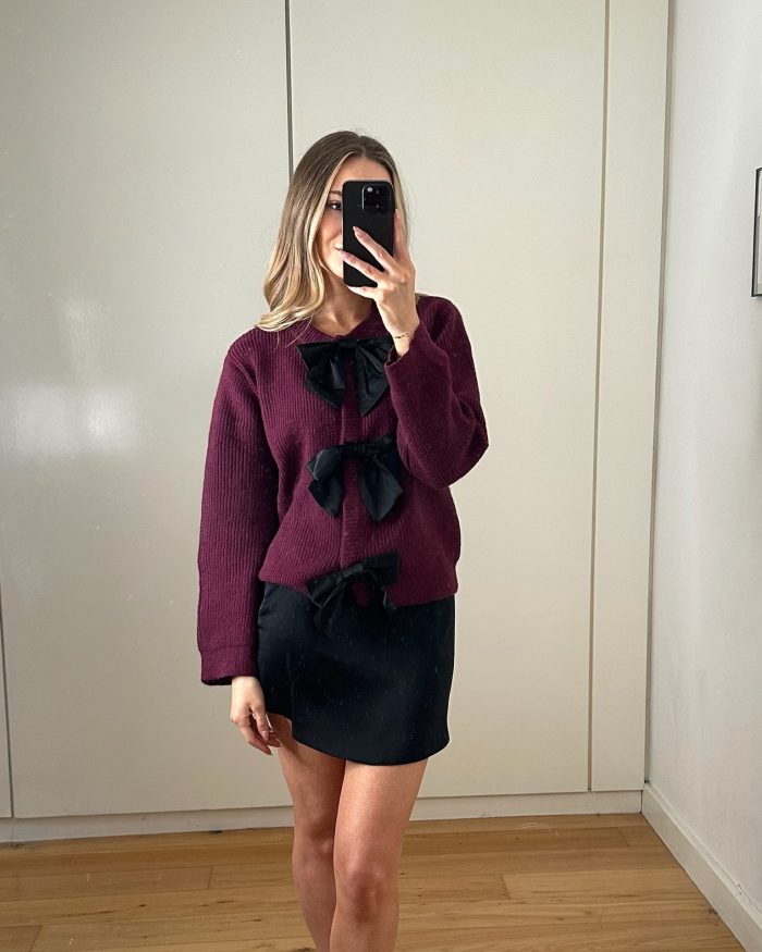 Burgundy Bow Knit Cardigan