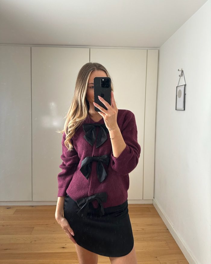 Burgundy Bow Knit Cardigan