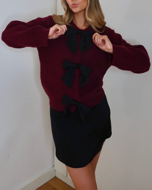 Burgundy Bow Knit Cardigan