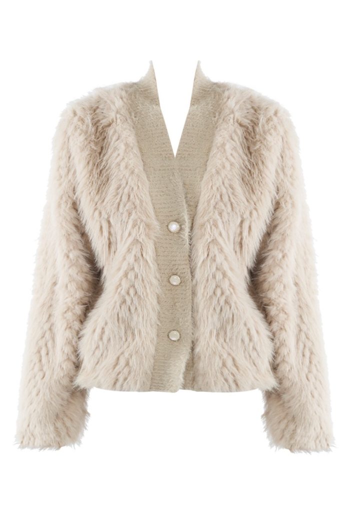 Beige Faux Fur Cardigan Jacket