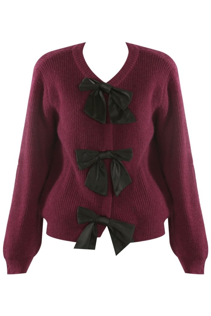 Burgundy Bow Knit Cardigan