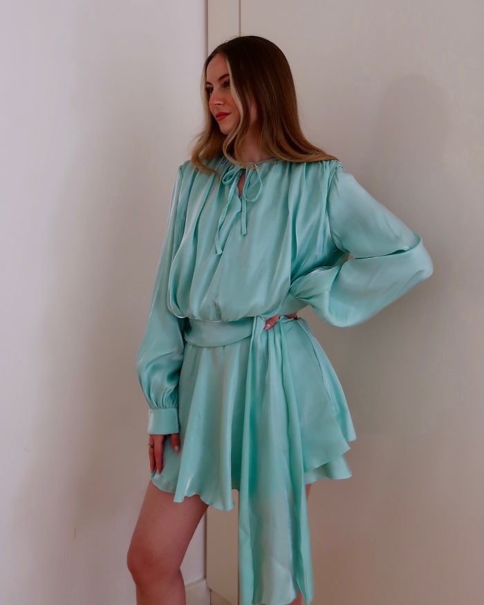 High shine aqua mini boho tunic dress