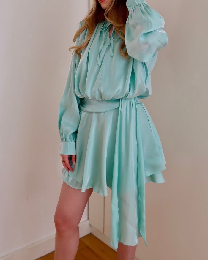 High shine aqua mini boho tunic dress