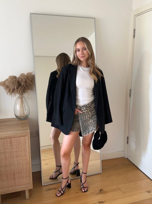 Denim Leopard Print Overlap Skort