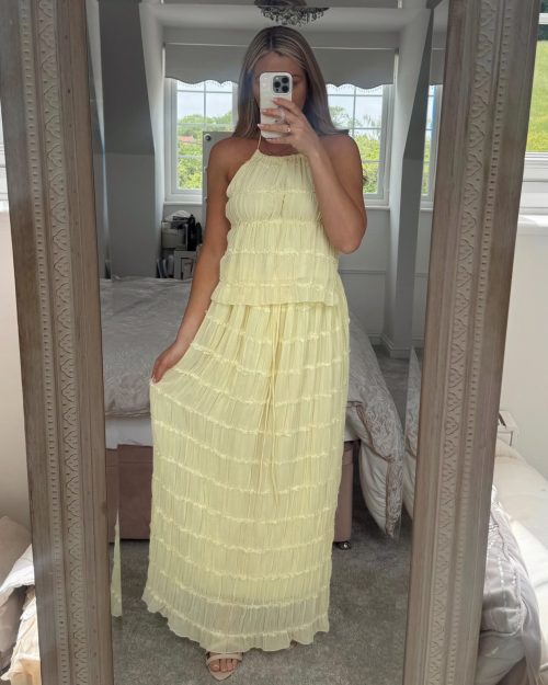 sofia two piece coord ruched chiffon top and maxi skirt
