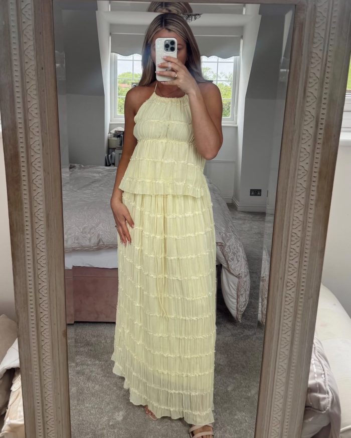 sofia two piece coord ruched chiffon top and maxi skirt