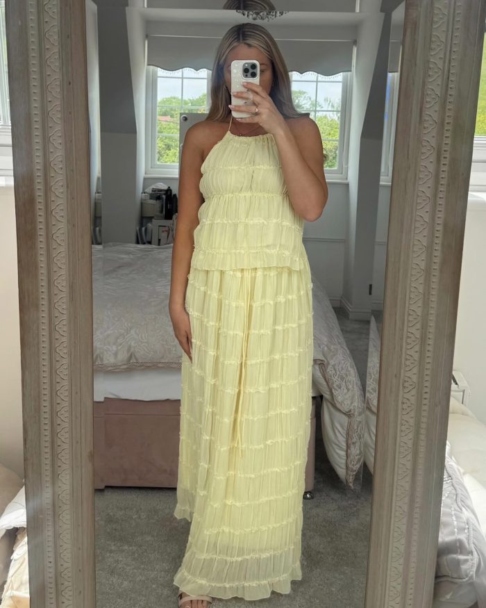 sofia two piece coord ruched chiffon top and maxi skirt