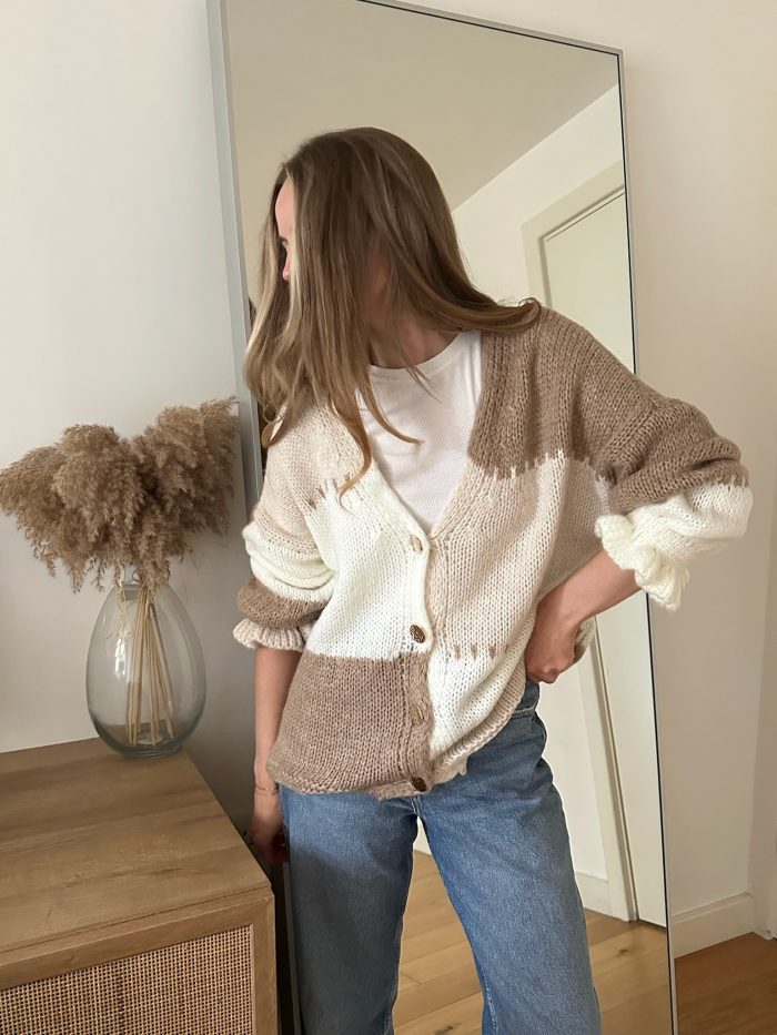 Chunky Colour block knitted cardigan Taupe