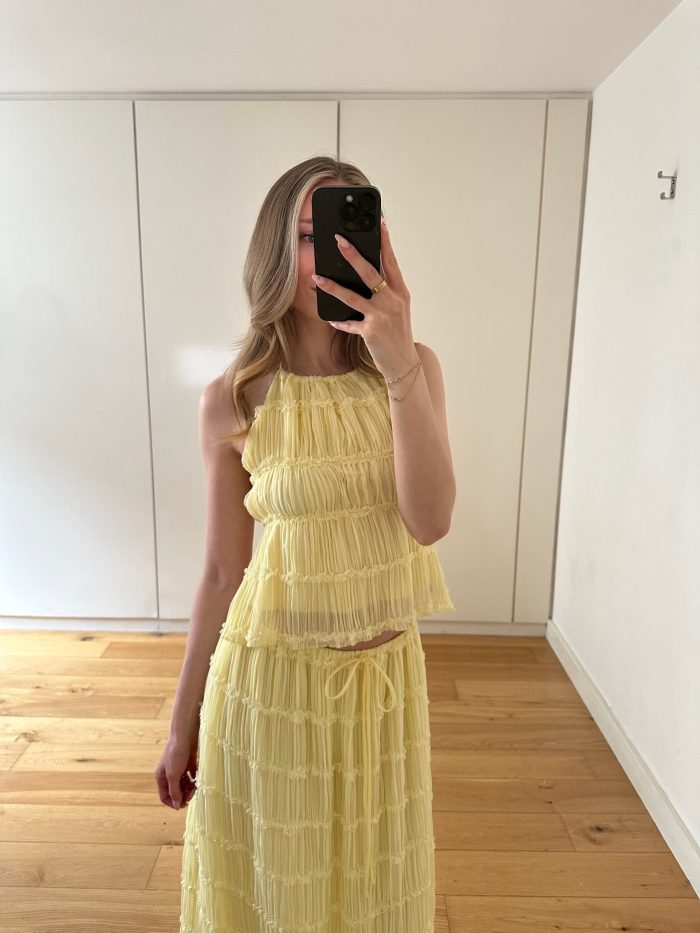 sofia two piece coord ruched chiffon top and maxi skirt