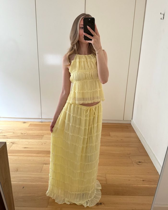 sofia two piece coord ruched chiffon top and maxi skirt