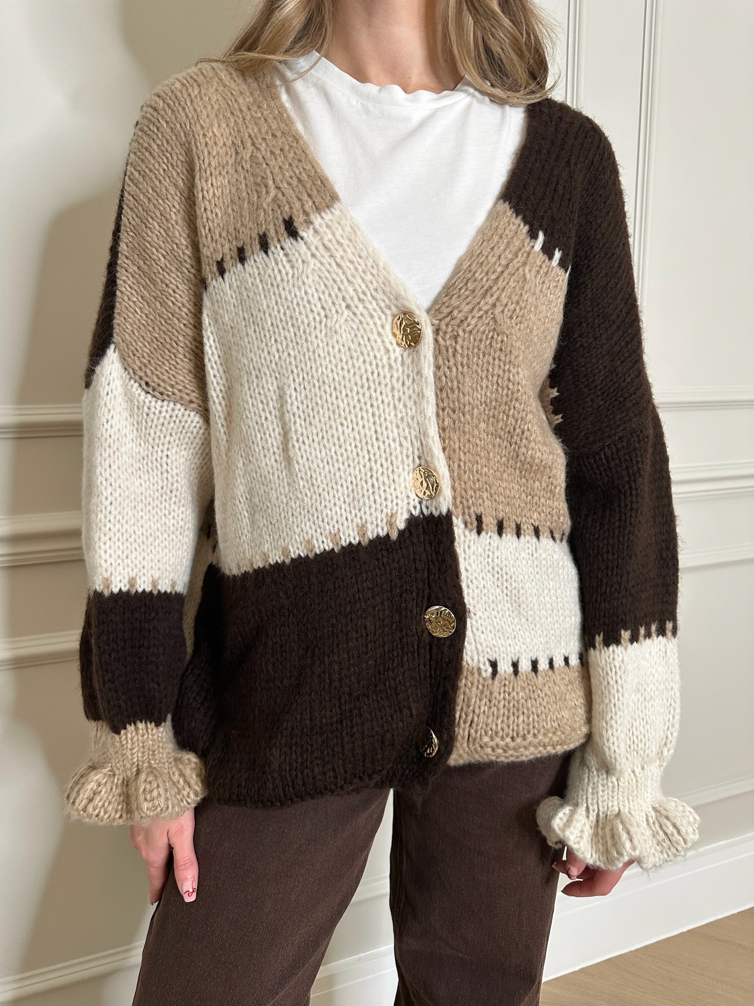 Chunky Colour block knitted cardigan Brown
