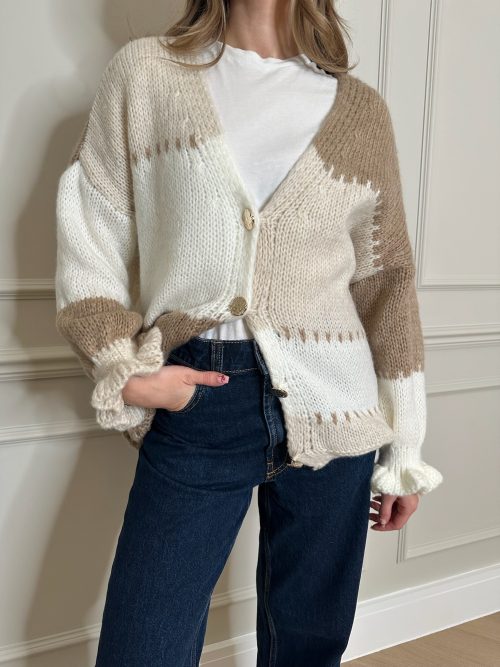 Chunky Colour block knitted cardigan Taupe