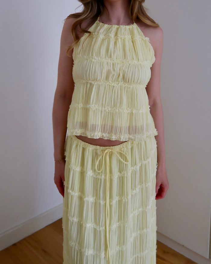 sofia two piece coord ruched chiffon top and maxi skirt