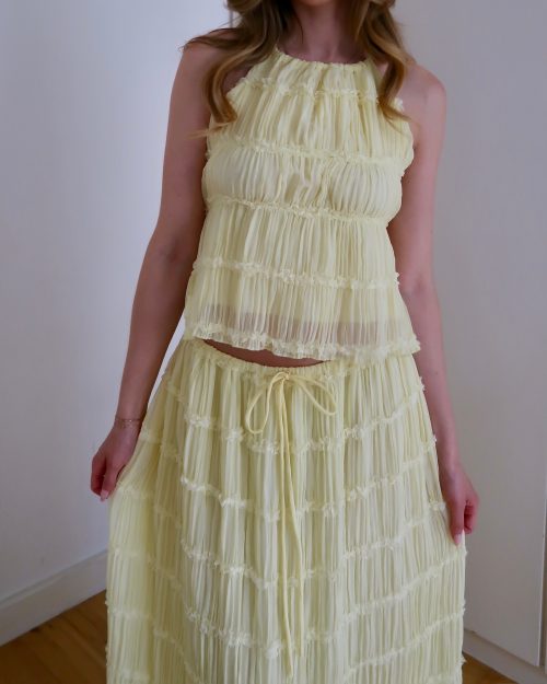 sofia two piece coord ruched chiffon top and maxi skirt