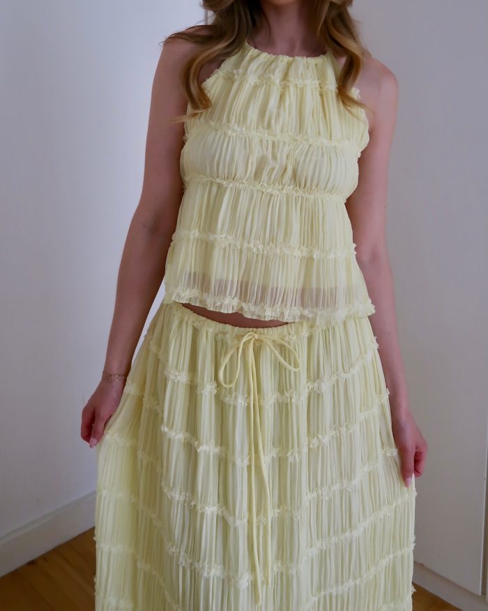 sofia two piece coord ruched chiffon top and maxi skirt