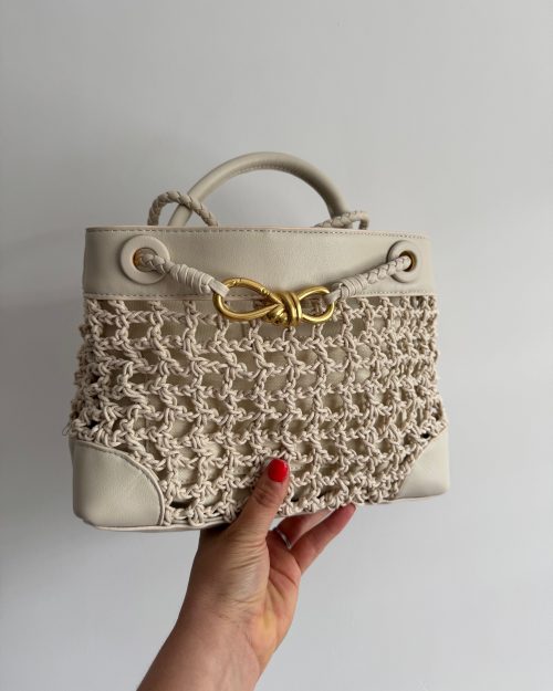 Beige Leather & Crochet Bow Bag small
