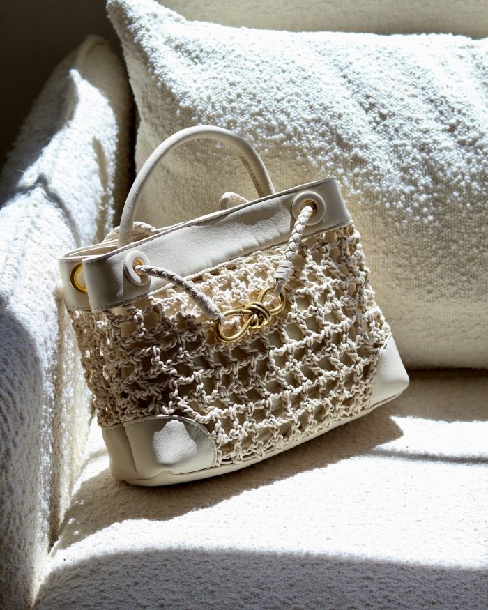 Beige Leather & Crochet Bow Bag small