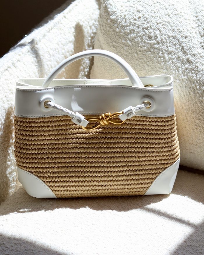 Small PU Raffia Bow Bag White