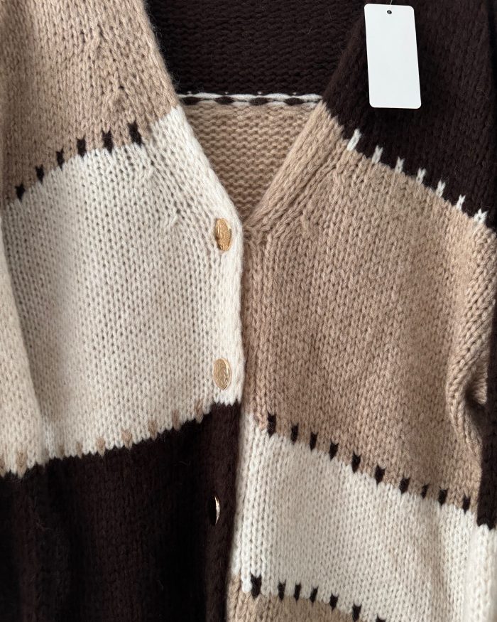 Chunky Colour block knitted cardigan Brown