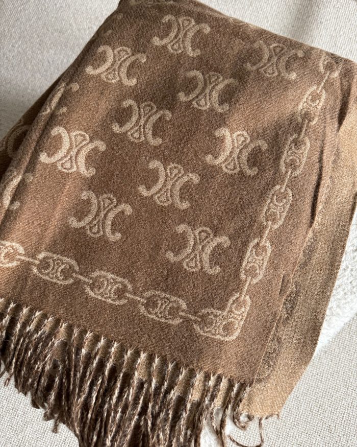 monogram wool blend scarf camel