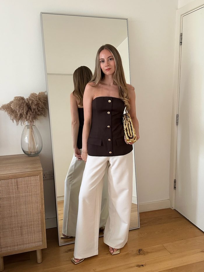 Blair Tailored Golden Button Bandeau Strapless Top - Brown - Image 4