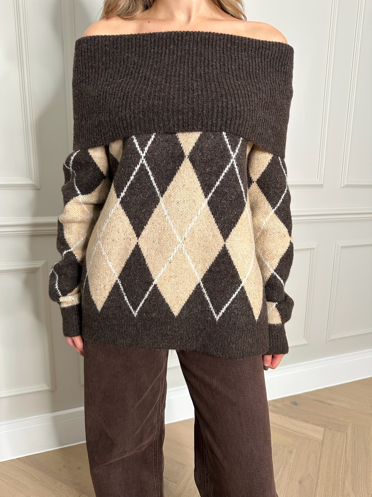 Ava Argyle Off Shoulder Knit